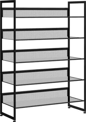 A black, five-tier shelving unit.