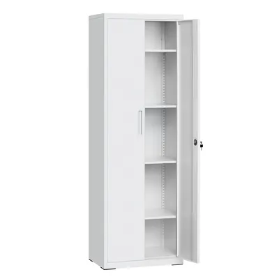 A tall, white metal cabinet with one door ajar.