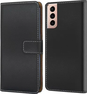 A black flip-style phone case for a Samsung Galaxy S22 is shown from two angles: the front cover closed and the back with the phone inserted.