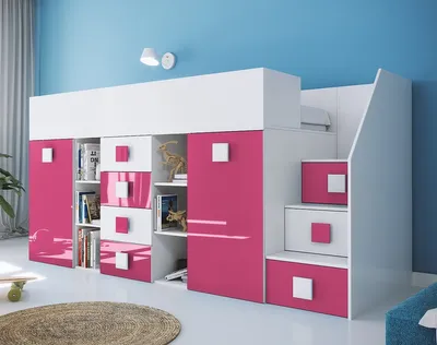 Produktbild von Hochbett Etagenbett weiß hochglanz mit Schreibtisch Schrank Regalen und Treppe rechts TELLY 3 weiß-rosa