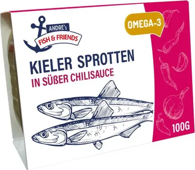Produktbild von Andre´s Fish & Friends Sprotten in Sweet-Chili-Sauce 100g