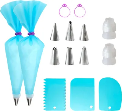 Produktbild von Intirilife 15-teiliges Spritzbeutel Set aus Silikon mit Edelstahl Tüllen - Beutel 17 x 30.5 cm - Wiederverwendbares Backzubehör für Glasur Zuckerguss zum Dekorieren von Torten Cupcakes Muffins Kekse