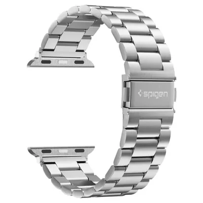 A silver metal watch band is shown against a white background.