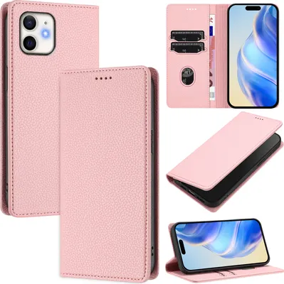 Produktbild von Litchi Leder Handyhülle für iPhone 12 Mini Wallet Kartenfächer Standfunktion Hülle Pink