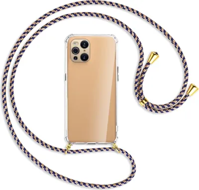 Produktbild von Handykette Backcover-Schutzhülle mit Band (Metall goldfarben) für Oppo Find X3 Pro - blau+beige