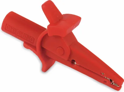 Immagine prodotto di Clip a coccodrillo, isolata, 100 mm, con prese di sicurezza da laboratorio da 4 mm, rossa