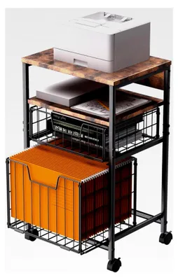 Produktbild von Aktenwagen mit 4 Ebenen, mobiler Aktenschrank mit 2 Schubladen, Druckerständer und hängendem Organizer, Dunkelbraun