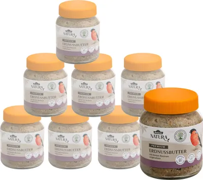 Produktbild von Dehner Natura Premium Wildvogelfutter, Erdnussbutter im Glas, Rosine, Ganzjahresfutter energiereich, hochwertiges Vogelfutter für Wildvögel, 8 x 340 g (2.72 kg)