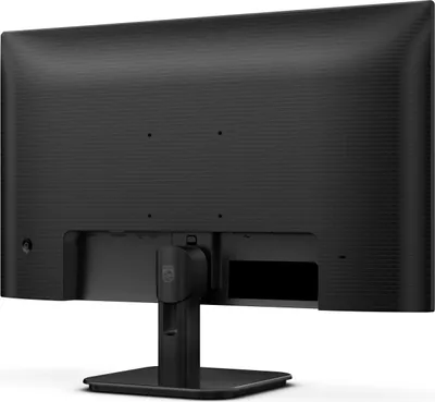 The back of a black computer monitor on a white background.