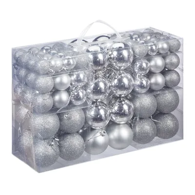 Produktbild von Relaxdays Weihnachtskugeln, 100er Set, Weihnachtsdeko, matt, glänzend, glitzernd, Christbaumkugel ∅ 3, 4 & 6 cm, silber
