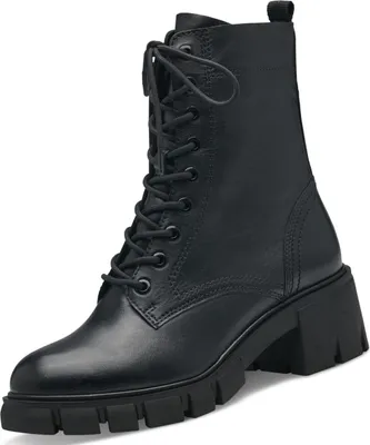 A black leather lace-up boot with a chunky heel is shown against a white background.