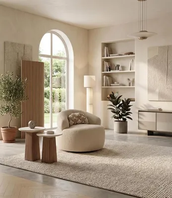Zdjęcie produktu dla Fotel z podnóżkiem i stolikiem bocznym. Nowoczesny, beżowy design. Fotel tapicerowany, idealny do relaksu