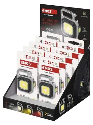Imagen del producto de EMOS: Mini linterna LED recargable, colgante, 750 lúmenes, 10 unidades, caja expositora, modelo P4714