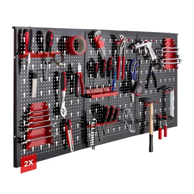 Zdjęcie produktu dla Ścianka narzędziowa AREBOS 6-częściowa perforowana | 34-częściowy zestaw haków i wsporników | 235,2 x 59,5 x 2 cm | Perforowana ścianka narzędziowa z materiałem montażowym | Czerwony