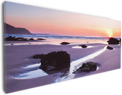Produktbild von Wallario Premium Leinwandbild Sonnenuntergang am einsamen Strand in Größe 30 x 75 cm