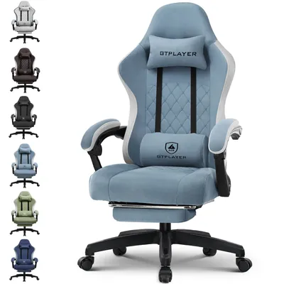 A collection of gaming chairs in various colors displayed next to a light blue gaming chair.