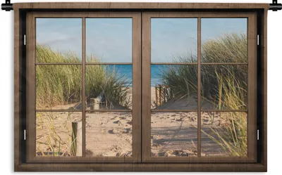 Produktbild von MuchoWow® Wandteppich Wandbehang Aussicht - Strand - Gras 90x60 cm Tapisserie Dekoration Wandtuch - Wandskulpturen - Bildteppich