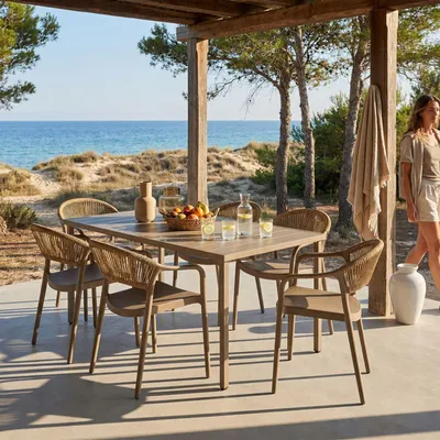 Produktbild von Gartenmöbel Set NARCISO mit Tisch und 6 Stühlen, champagner - moderne Outdoor Sitzgruppe für 6 Personen, wetterfest & UV-beständig für Terrasse und Garten