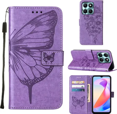 Produktbild von Lederhülle für Honor X6A Schmetterling Prägung Flip Ledertasche Kartenfächer Handyhülle mit Ständer Violett