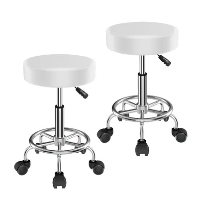Image de lot de 2 tabourets pivotants Tabouret à roulettes réglable en hauteur Tabouret de travail Tabouret pivotant Tabouret de cabinet médical Tabouret cosmétique Roulettes blanc