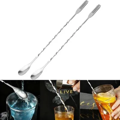 Immagine prodotto di Due pezzi - Bastoncini per cocktail - Bastoncino per cocktail - Bastoncino in acciaio inossidabile - Per miscelare, guarnire e rifinire le bevande - Antiscivolo - Resistente alla corrosione - Argento - 26 x 2 cm - Per uso domestico e da bar