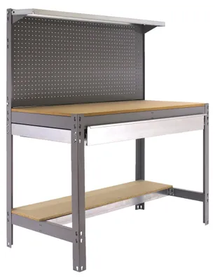 Produktbild von PROREGAL Werkbank BUFFALO mit Werkzeugwand, Schubfach und Ablage | HxBxT 84x120x61cm | Traglast 600kg | Grau