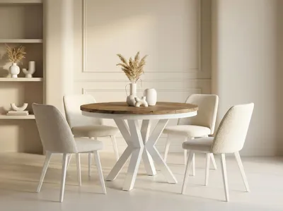 Produktbild von Runder Ausziehbarer Esstisch im Loft-Stil - Industrieller Tisch mit Weißen Metallbeinen - Platzsparender Tisch für Wohnzimmer - Lefkas Eiche - 120 bis 200 cm