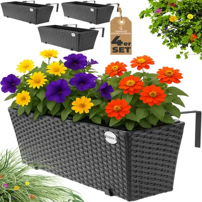 Produktbild von CASARIA® Blumenkasten 4er Set 11 Liter Montagehalterung Indoor Outdoor Geländerkasten Balkonkasten Pflanzkasten schwarz
