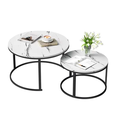 Two round coffee tables with marble-like tops and black metal frames are shown against a white background.