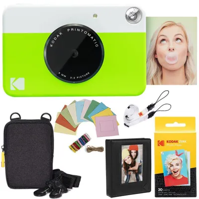 Produktbild von Kodak Printomatic Sofortbildkamera (Grün) Paket + Zinkpapier (20 Blätter) Etui +