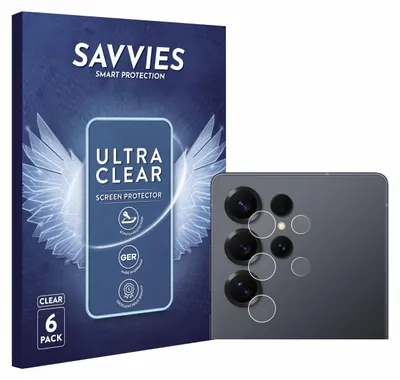 A product box for screen protectors and a close-up of a smartphone camera array with screen protectors applied.
