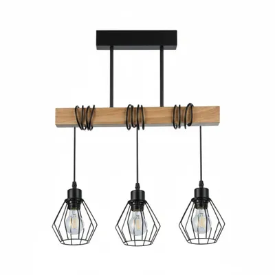 A three-light pendant chandelier with a wooden beam and black metal wire cages.