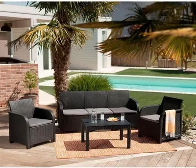 Image de Salon de jardin résine imitation rotin tressé, 5 places, Allibert by KETER SanRemo, Gris graphite