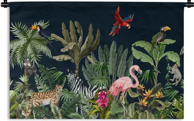 Produktbild von MuchoWow® Wandteppich Wandbehang Dschungel - Pflanzen - Tiere - Kinder - Flamingo - Zebra 120x80 cm Tapisserie Dekoration Wandtuch - Wanddekorationen - Wandtücher
