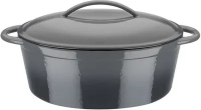 A grey oval cast iron pot with a lid.