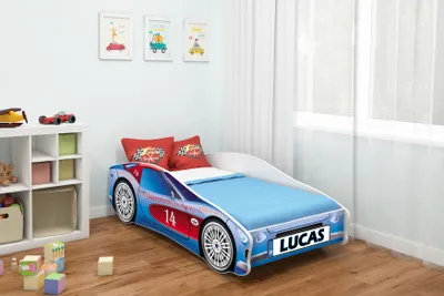 A child's bedroom with a car-themed bed.