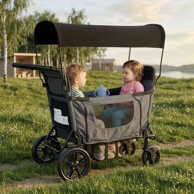 Produktbild von Kinder Bollerwagen faltbar mit 2 Sitzen und Liegefunktion, Sonnendach, Bremse, 5-Punkt-Gurtsystem und höhenverstellbarem Griff, Dunkelgrau