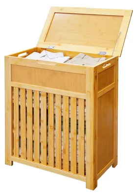 Waschkorb mit Deckel, 80 l, Bambus-Optik, Natur