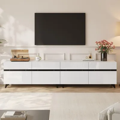 Zdjęcie produktu dla Szafka RTV – Komoda pod telewizor – Szafka – Wykończenie z połyskiem – 180x40x49 cm – 4 drzwi – Przeznaczona do telewizorów do 80 cali