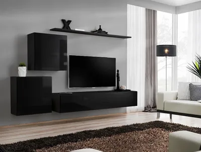 Produktbild von Wohnwand Wohnzimmer Set Schwarz Sideboard Wandregale 4tlg Set Wandschrank
