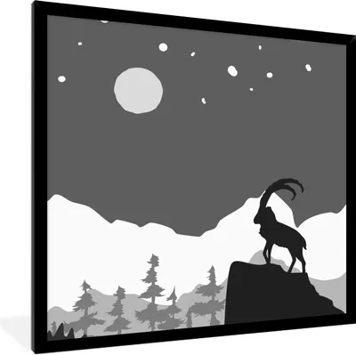 Produktbild von MuchoWow® Gerahmtes Poster Illustration - Ziege - Schwarz - Weiß 40x40 cm - Poster mit Schwarzem Bilderrahmen Wandposter Rahmen Foto Bilder - Mit Rahmen - Wanddekoration Schlafzimmer