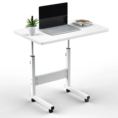 Obrázek produktu pro Přenosný stolek na kolečkách – mobilní počítačový stolek – výškově nastavitelný (69–90 cm) – rozměry 60 x 40 cm – nosnost až 50 kg – kovová konstrukce – bílá barva