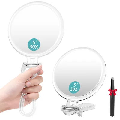 Produktbild von Handspiegel mit Vergrößerungsfunktion und Griff, doppelseitiger Kosmetikspiegel mit 1x/30x Vergrößerung, faltbarer tragbarer Reisespiegel für Make-up und Gesichtspflege (Ø 9,5 cm)