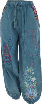 Produktbild von Weite Pluderhose mit Breitem Bund, Blumenstickerei - Jeansblau, Damen, Baumwolle, Größe: XL