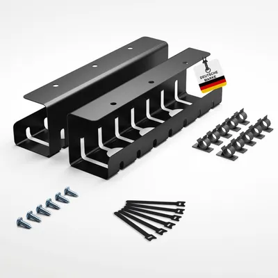 A set of black cable management trays, screws, and cable ties arranged on a white background.