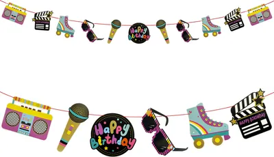 Produktbild von Oblique Unique Happy Birthday Girlande Retro Banner 80er Jahre für Kindergeburtstag Geburtstag Party Deko Geburtstagsdeko