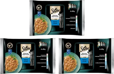 Produktbild von Sheba Select Slices Fish Flavours - Katzennassfutter in Sauce (Lachs und schwarzer Kabeljau, Weißfisch, Meeresfisch, Kabeljau), 12 Beutel à 85g