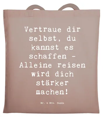 Produktbild von Mr. & Mrs. Panda Einkaufstasche Spruch Alleine Reisen unternehmen - Braun Pastell - Geschenk, innere Stärke, Freude, Laptoptasche, Zuversicht, Trost, Tote Bag, Mut