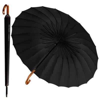 A black umbrella is shown open and closed against a white background.