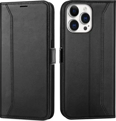 A black flip case for an iPhone 15 Pro is shown from two angles.